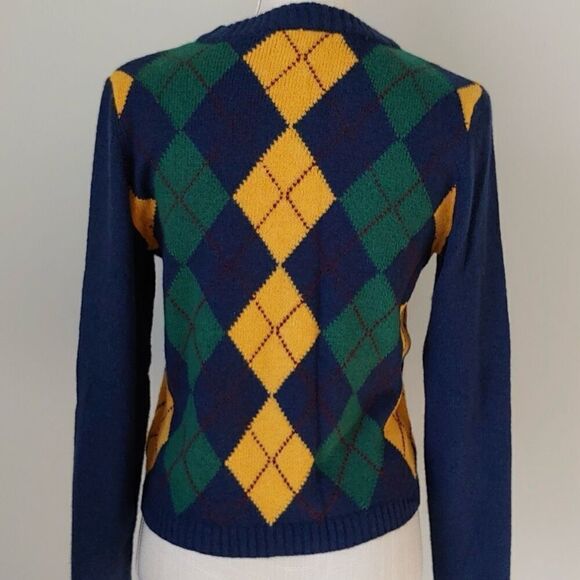 American Eagle Argyle Knit Sweater Navy Yellow Green Size M NWOT Preppy Academia - Picture 5 of 12